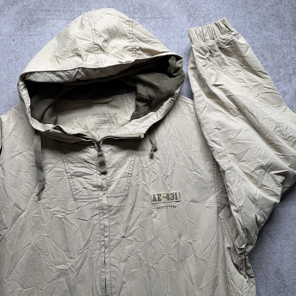 American Eagle Jacket Mens XL Khaki Military Style Hooded Lightweight